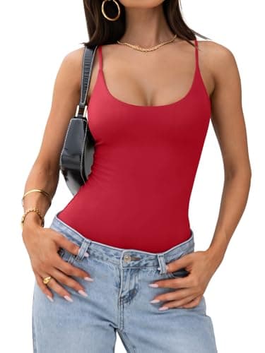 PINKMSTYLE Women Scoop Neck Double Lined Bodysuit Open Back Cami Thong Body suit Top Spaghetti Strap Tank Tops Red XX-Large - Image 1