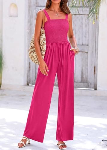 KIRUNDO Womens Overalls Dressy Casual Wide Leg Sleeveless One Piece Smocked Jumpsuits for Women Rose Red Wide Strap Long Pant Rompers Travel Outfits(Rose Red, Small) - Thumbnail 3