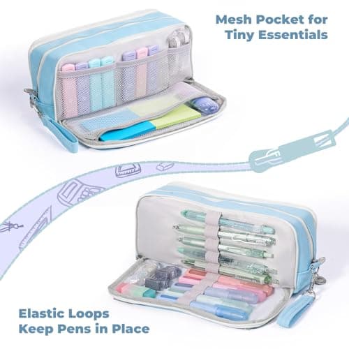 Four Candies Blue Pencil Case 3 Compartment Pouch, Large Pencil Pouch for School, Girls, Teen Boys, Women, Blue, Removable Handle & Zipper, Cute Pencil Bag for Office, College - Thumbnail 4
