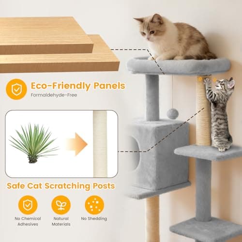 FURFAST 6-Tier Cat Tree Tower, 40 Inch Multi-Level Small Cat Tree for Indoor Cats, Sturdy Cat Tower for Large Cats with Cat Scratching Post, Cat Condo, Plush Toy, Compact Play House (Light Grey) - Thumbnail 5