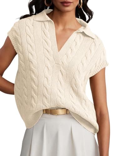 Dokotoo Vest Tops for Women V Neck Lapel Collar Cable Knit Women Vest Trendy Fall Outfits 2025 Womens Sweaters Beige Small - Thumbnail 2