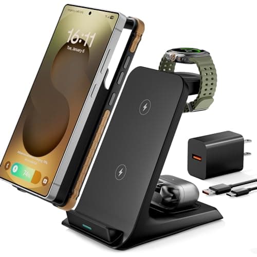 Eddibox 3 in 1 Charging Station for Samsung for Thick Cases of 10MM/Otterbox/Heavy Duty, Wireless Charger for Samsung Galaxy S26 Ultra/S25/S24, Phone Charger Stand for Galaxy Watch and Buds(Black) - Image 1