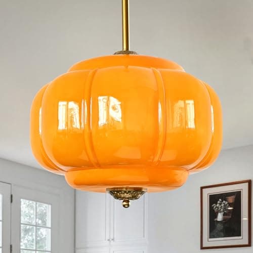Dalouguan Vintage Yellow Glass Pumpkin Pendant Light, 15 Inch Cylindrical Lantern Chandelier with Brass Accents for Kitchen Island, Dining Room, Bedroom