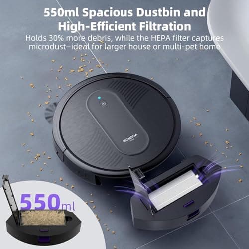MONSGA Robot Vacuum Cleaner, 4000Pa Powerful Suction Robotic Vacuum, 3.2" Super-Slim, 140Min Runtime, Vacuum Robot for Hard Floor/Low Pile Carpet/Pet Hair, Remote/App/Voice Control, Schedule Clean - Thumbnail 6