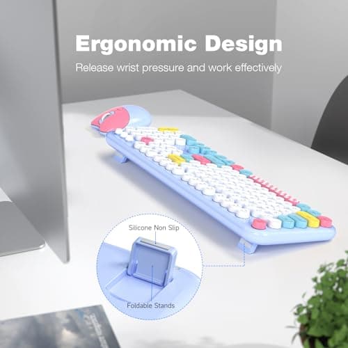 Dilter Wireless Keyboard and Mouse Combo, Full-Sized Typewriter Keyboards, Cute Cat Shaped Wireless Mouse, USB Plug and Play for Windows, Computer, PC, Laptop, Desktop (Blue Colorful) - Thumbnail 4