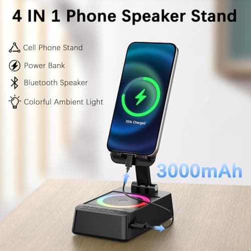buwy Gifts for Men Women, Cell Phone Stand with Wireless Bluetooth Speaker and Colorful LED Lights, Anti-Slip Base HD Surround Sound, Rechargeable (3000mAh), Home and Outdoors Bluetooth Speaker Black - Thumbnail 5