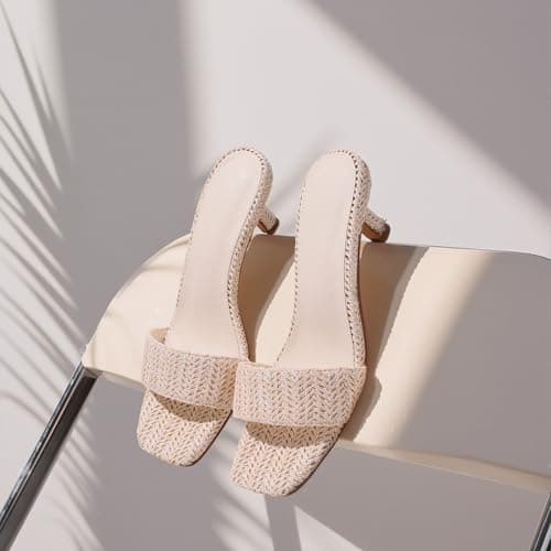 Ancomafio Kitten Heel Sandals Raffia Low Heels 2 Inch Square Open Toe Sandals for Women Slip on Summer Vacation Casual Shoes Beige Size 8.5 - Thumbnail 4