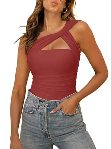REORIA Womens Sexy One Shoulder Asymmetrical Tank Top Leopard Print Mesh Ruched Sleeveless Backless Trendy Going Out Thong Bodysuits Tops Baked Apple Large - Image 1