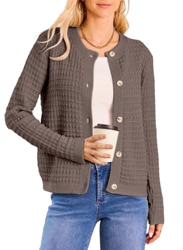 Dokotoo Womens Chocolate Brown Winter Christmas Clothes Cropped Cardigan Long Sleeve Fall Outfits 2026 Open Front Button Down Shirt Jackets Winter Clothing for Women,Coffee Small - Thumbnail 2