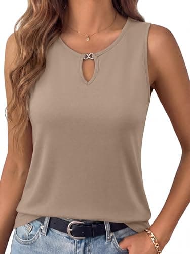 ANRABESS Womens Tank Tops Summer Sleeveless Dressy Casual Blouse Keyhole Neck Ladies Business Cute Shirts 2026 Trendy Outfits Light Khaki X-Large - Image 1