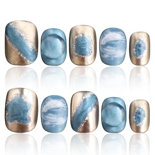 Handmade Nails Blue 3D Press On Nails Acrylic Press Ons Short Handmade Natural Nails Durable Press On Nails Ladies Gifts COOLYOUNG False Nails, 10 PCS, Size L
