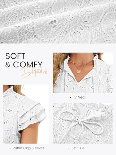 Funlingo Womens Eyelet Tops Summer Ruffle Cap Sleeve Blouses Dressy Casual Hollow Out Crochet Lace Embroidered Shirts 2026 Trendy Fashion White L - Thumbnail 5