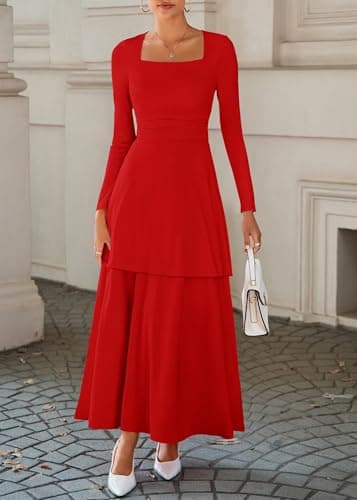 Lazysmile Women's Long Sleeve Fall Dresses Square Neck Ruched Waist Ruffle Hem Flowy Elegant Modest Boho Casual Maxi Dress Red - Thumbnail 6