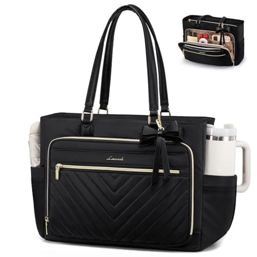 LOVEVOOK Laptop Tote Bag for Women, Work Bag Teacher Tote with Large Cup Holder, Quilted Nurse Diaper Bag for Travel, Computer Women's handbags for Teacher gift, Black, 15.6 Inch