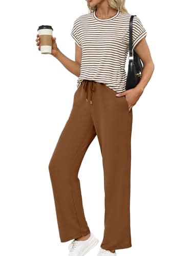 Glamaker 2 Piece Sets for Women Summer Travel Outfits Crewneck Casual Tops Wide Leg Pants Matching Sets Sweatsuit Tracksuits Coffee L - Image 1