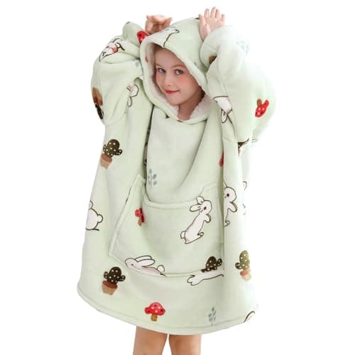 Aemilas Wearable Blanket Hoodie for Kids Gift - Comfort Sherpa Oversized Blanket Sweatshirt with Pocket 6-13 Years Old Boys Girls Birthday Gifts, Cute Bunny & Mushroom Print, Light Green