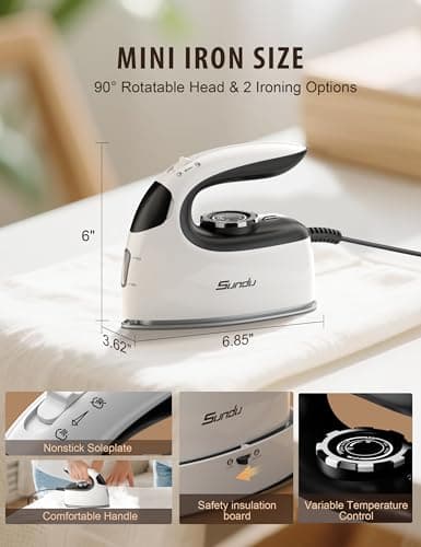 Sundu 1000W Mini Travel Steam Iron, Portable Small Iron for Quilting & Sewing, Non-Stick Soleplate, 300 Steam Holes, 90ml Tank, Safety Base & Digital Temperature Control-Black White - Thumbnail 2