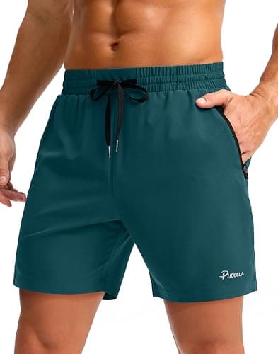 Pudolla Men's Workout Shorts Quick Dry Running Summer Shorts Sports Athletic Gym Shorts with Pockets(Deep Green L5_2XL) - Image 1