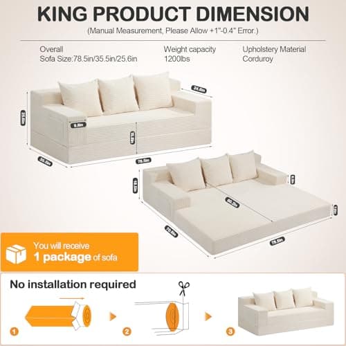 Erament Convertible Futon Sofa Bed Couch, 78'' Corduroy Folding Sofas Bed, Compression Boneless Floor Couch Sofa Beds with 3 Pillows for Living Room Bedroom Apartment - Thumbnail 2