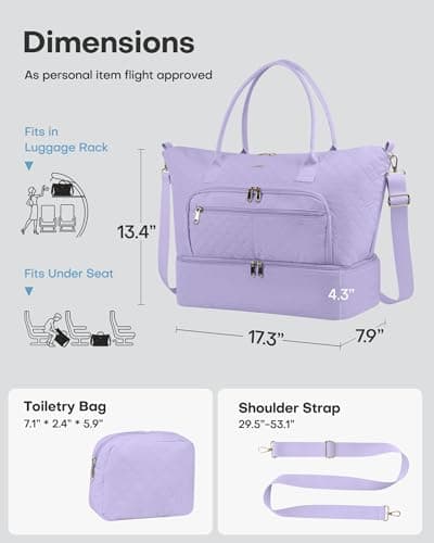 HOTOR Travel Duffle Bag for Women - Carry on Bag with Toiletry Pouch & Shoe Compartment, Large Overnight Weekender Bags for Gym, Business Trips, Sports and Hospital, Purple, 17.3" x 7.9" x 13.4" - Thumbnail 2
