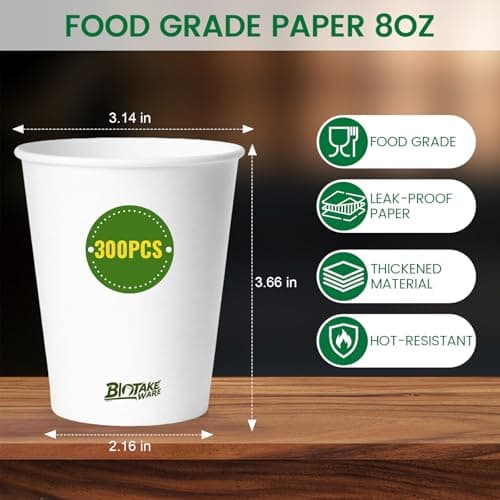 Biotakeware 8 oz Disposable Paper Cups, 300 Pack Bulk White Paper Coffee Cups for Hot & Cold Beverages, Sturdy with Leak-Resistant Lining, Ideal for Office, Party, Home and Travel - Thumbnail 5