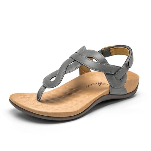 Athlefit Women's Orthopedic Arch Support Sandals Comfortable Thong T-Strap Orthotic Walking Casual Flat Sandals Grey Size 10,AD00632 - Image 1