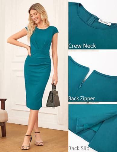 GRACE KARIN Womens Work Dress Crew Neck Cap Sleeve Dress Business Casual Ruched Midi Dresses Blue Green - Thumbnail 4