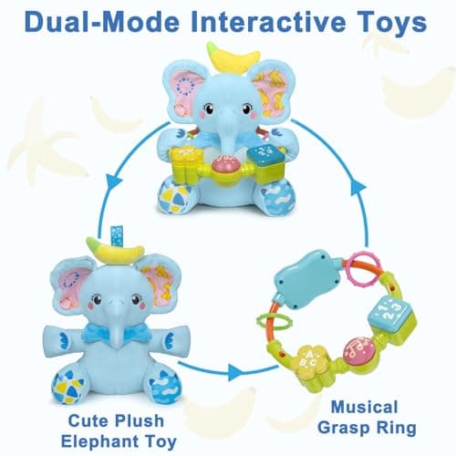 Baby Elephant Musical Stuffed Animals Toy with Light-Up Music & Crinkle,Infant Bilingual Early Learning Education Toys,1st Easter Basket Shower Stuffers for 0-3-6-12+ Months Boy Girl Gifts,Blue - Thumbnail 6