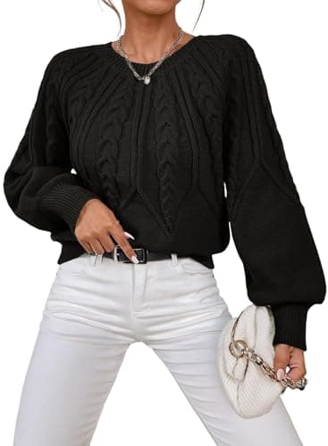 Dokotoo Fall Sweaters for Women 2026 Batwing Long Sleeve Crewneck Business Casual Outfits Cable Chunky Winter Clothes Loose Halloween Sweater Elegant Black Pullover Top Medium - Image 1