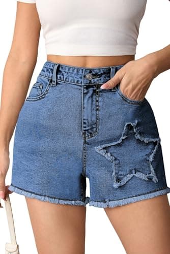 Pink Queen Women's Summer Jean Shorts 2026 Fashion Frayed Ripped Denim Shorts Casual Star/Bow Frayed Hem Hot Shorts with Pockets Dark Blue M