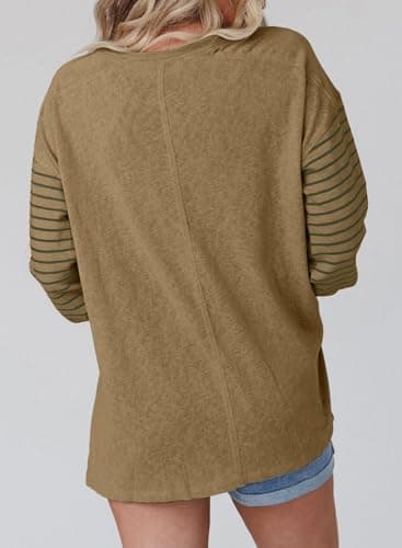 Dokotoo Womens Sweatshirt Long Sleeve Shirts Trendy Cute Tops 2025 Spring Fashion Outfits Business Casual Dressy Blouses Striped Oversized Crewneck Tshirts Sweaters Loose Fit Tunic Women Pale Khaki - Thumbnail 5
