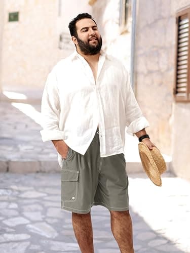 Arcweg Mens Big and Tall Swim Trunks 9" Quick Dry Swim Shorts with Compression Brief Liner Cargo Pocket Bathing Suits Borard Shorts for Men Pluse Size XL-6XL Light Gray - Thumbnail 6
