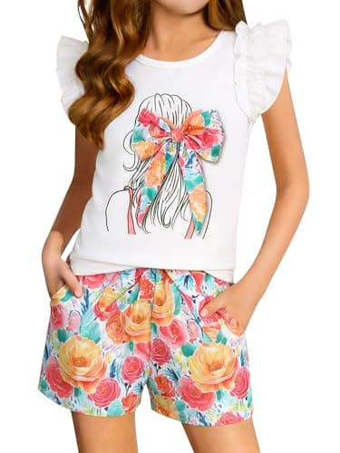 AMAWMW Girls Summer Clothes Ruffle Short Sleeve Top Paperbag Waist Shorts with Belt Cute Kids Outfits Size 4-12Y, White, 5-6 Years - Image 1