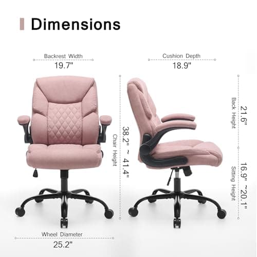 TOPOFIS Fabric Padded Home Office Chair Cloth Office Chair Comfortable Desk Chairs with Wheels Flip-up Arm Rest, Mid Back Small Computer Chair, Adjustable Height, Swivel, 250lb Capacity, Pink - Thumbnail 2