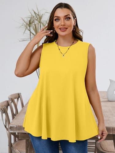 AusLook Plus Size Women's Tank Tops Bright Yellow 3X Summer Casual Crew Neck Sleeveless Flowy Loose Fit Boho Tops 2025 Basic Loose Dressy Work Holiday Shirts Business Outfits - Thumbnail 3