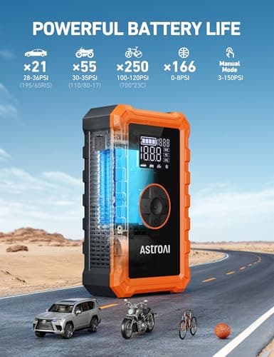AstroAI S8 Air Jump Starter with Air Compressor, 3000A Peak Car Battery Jump Starter Portable (9.0 Gas/6.5L Diesel) with 150PSI Cordless Auto-Shutoff Tire Inflator, 12V Battery Charger Booster(Orange) - Thumbnail 4