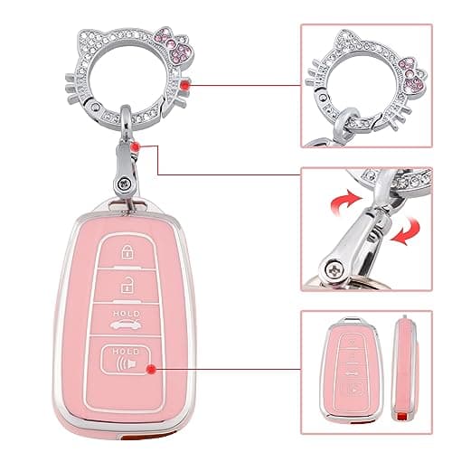 Pangpai Pink Key Fob Cover for Toyota, Soft TPU Key Case Protection with Bling Keychain Fit for 2018-2022 Camry RAV4 Highlander Avalon C-HR Prius Corolla GT86 Smart Key Holder - Thumbnail 4