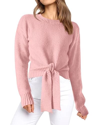 Okiwam Women's Long Sleeve Cropped Sweaters Casual Knit Pullover Tie Front Crew Neck Fall Outfits Spring Fashion Clothes 2026-S Pink - Image 1