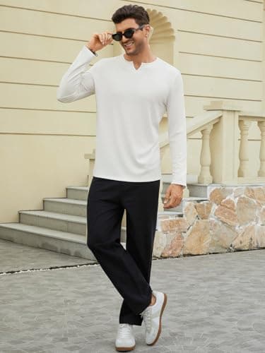 Hardaddy Men's V Neck Long Sleeve Ribbed Casual T-Shirt Solid Tee Shirts White M - Thumbnail 5