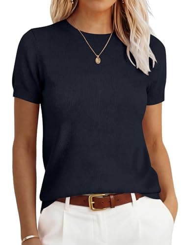 ANRABESS Womens 100% Wool Sweater, Office Work Sweaters, Soft Lightweight for Summer Spring, Short Sleeve Business Casual Top Navy Blue X-Large - Image 1
