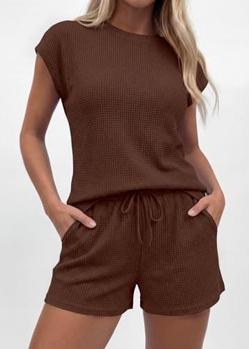 KIRUNDO Two Piece Sets For Women Summer 2026 Cap Sleeve Short Set Waffle Knit Matching Lounge Drawstring Vacation Outfits(Brown, XX-Large) - Thumbnail 6