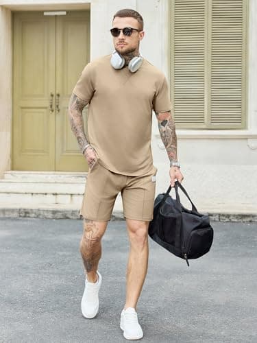 JEMLDL Mens 2 Piece Summer Outfits Short Sleeve Shirt and Shorts Loungewear Sets Casual Comfortable Travel Tracksuit Taupe M - Thumbnail 5