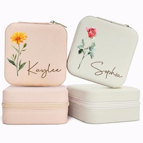 Yofair Ships Next Day, Personalized Jewelry Box with Birth Flower Bridesmaid Gifts Custom Leather Travel Jewelry Case Ring Box Christmas Birthday Gifts for Women - Image 1