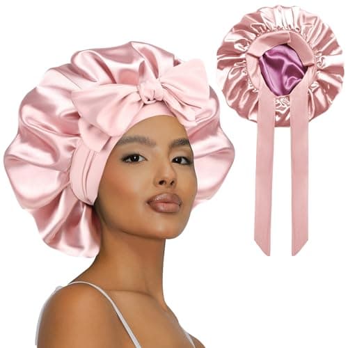 Vettres Silk Bonnet for Sleeping Straight Hair Double Layer Satin Bonnets with Tie Satin Hair Bonnet for Sleeping Pink Rose - Image 1