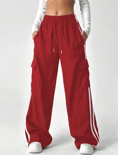 ZAFUL Womens Parachute Pants Y2K Wide Leg Cargo Sweatpants Drawstring Waist Jogger Pants with Pockets 2-Red L - Thumbnail 3
