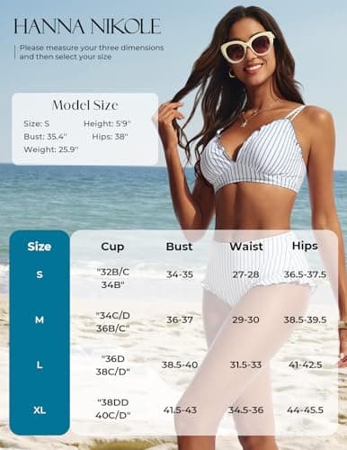 Hanna Nikole Womens Swim Suits High Waisted Bikini Sets Swimsuits Trendy Bathing Suits Gray Blue White Striped S - Thumbnail 5
