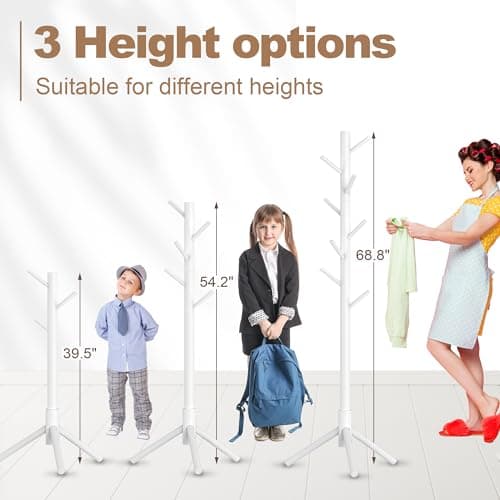 Aliphon Wooden Coat Rack Stand, Freestanding Coat Rack with 8 Hooks, 3 Adjustable Size Coat Tree for Hats, Coats, Scarves bags, Coat Hanger Stand Used in Bedroom/Office/Entryway （White） - Thumbnail 4