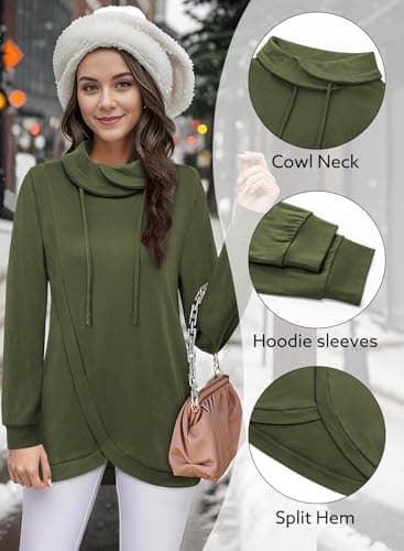 Bulotus Oversized Sweatshirt for Women Long Sleeve Cowl Neck Loose Fit Tops Drawstring Pullover Long Tunics for Jeans Older 2025 Fall Casual Comfy Army Green XXL - Thumbnail 5