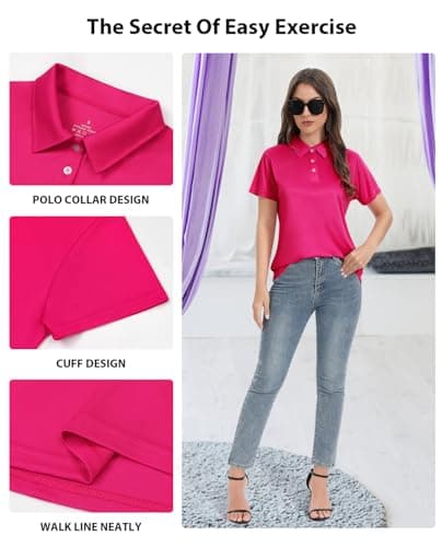 Ullnoy Women Soft Polo Shirts Short Sleeve Dry Fit Golf Shirt for Women Moisture Wicking Athletic Polo Tee 3 Pack Black/Azure/Rose S - Thumbnail 4