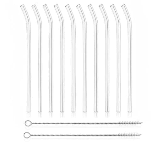 12 reusable glass straws, measuring 7 inches x 8 millimeters, including 10 curved straws and 2 straw brushes. High borosilicate glass for reusable straw brushes for juices, coffee, and cocktails - Image 1